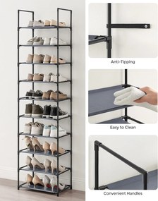 10 szintes cipőtartó, cipőállvány,  45 x 28 x 173 cm, fém váz, szürke