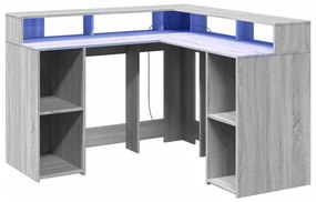 szürke sonoma színű szerelt fa LED-es íróasztal 130x130x91 cm
