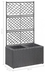 fekete rácsos polyrattan magaságyás 2 kaspóval 58 x 30 x 107 cm