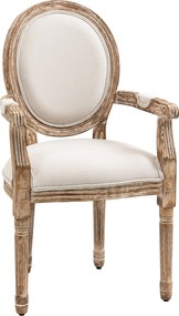 HOMCOM Retro Stílusú Étkezőszék Karfával és Vastag Kárpittal - Vászonhatású Kárpitos Szék a Nappaliba - Gumifából Krémfehér és Világos Fa Színben 56 x