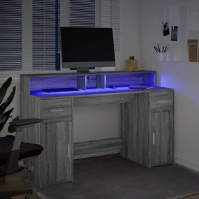 szürke sonoma színű szerelt fa íróasztal LED-ekkel 140x55x91 cm