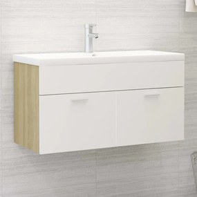 fehér és sonoma tölgy szerelt fa mosdószekrény 90x38,5x46 cm