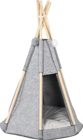PawHut Kiskedvenc Teepee Sátor - Szürke teepee macskáknak vagy kicsi kutyáknak - vastag párna a maximális kényelemért, 2 pomponnal - fadobozos szürke