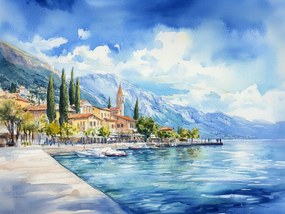 Vászonkép Canvas Tó Olaszország Tájkép Hegyek Garda Akvarell 80x60