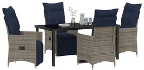 5 részes kerti étkezőszett párnákkal szürke poli rattan, Kerti Asztal Fekete 160x80x73 cm Edzett Üveg