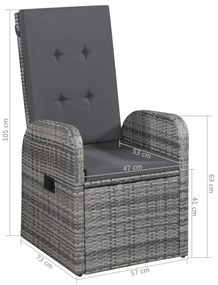 2 db szürke dönthető háttámlás polyrattan kerti szék párnával