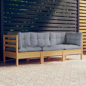 vidaXL háromszemélyes tömör fenyőfa kerti kanapé szürke párnákkal