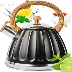 Acél Teáskanna Gázhoz 3L Fekete Síppal, Fa Nyél, Indukciós