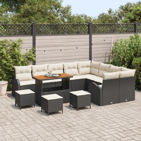 13 darabos kert kanapé készlet párnákkal fekete poli rattan akácia, 4 darabos kert étkező készlet párnákkal fekete poli rattan akácia, 2-fős kert kanapé párnákkal fekete poli rattan