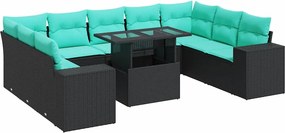 vidaXL 10 részes fekete polyrattan akácfa kerti ülőgarnitúra párnákkal