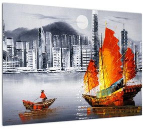 Festmény - Victoria Harbour, Hong Kong, fekete-fehér olajfestmény (üvegen) (70x50 cm)