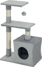 PawHut Macska Karcolófa 81,5 cm Macska Torony Zsinegfokkal 2 Platformmal Barlanggal és Lógó Gömbbel Stílusos Dizájn 50x30x81,5 cm Sötétszürke | Aosom