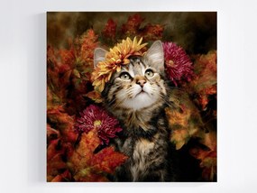 Canvas Vászonkép Portré Macska Cica Levelek Virágok Ősz 40x40