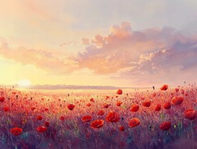 Vászonkép Canvas Akvarell Tájkép Mező Rét Virágok Pipacsok Nap 100x75