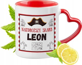 Piros bögre szív alakú füllel Leonnak Ajándék