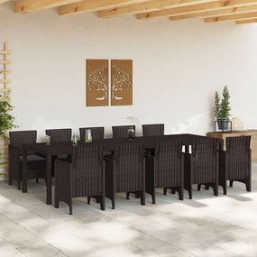 11 részes kert étkező szett párnákkal barna poli rattannal, barna kertasztal 150x100x73 cm poli rattannal, kert székek párnákkal 2 db barna poli rattannal, kert székek párnákkal 4 db barna poli rattannal