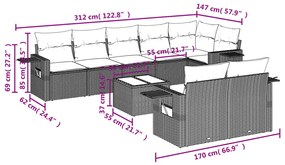 9 részes fekete polyrattan kerti ülőgarnitúra párnákkal