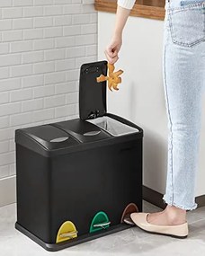 Kis szelektív konyhai hulladékgyűjtő, pedálos fedéllel, 3 x 8 literes  vödörrel, acél, fekete