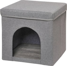 PawHut Macska Ház - Macska Ágy - Macska Kunyhó Karcoló Deszkával és Belső Ajtóval - 36,6x36,6x36,6 cm Szürke | Aosom