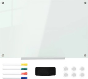 Vinsetto Fehér Tábla Mágneses Tábla 4 Filccel, 6 Mágnessel, 1 Szivaccsal, 1 Polccal, Állványos Üvegpanel Fali Rögzítéshez Könnyen Törölhető 90 x 60 cm