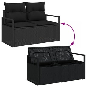 7 Darabos Kerti Kanapé Szett Párnákkal Fekete Polyrattan, 2 Fős Kerti Kanapé Tárolóval és Párnákkal Fekete Polyrattan