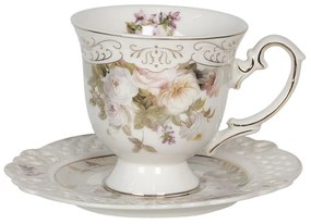Porcelán teás csésze aljjal fehér rózsás arany szegéllyel
