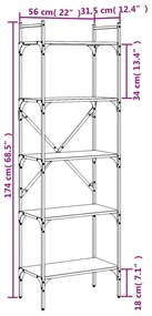 5 szintes fekete szerelt fa könyvespolc 56 x 31,5 x 174 cm