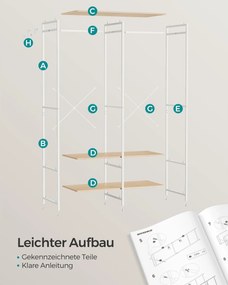 SONGMICS nyitott ruhásszekrény akasztóval és polcokkal, 40 x 94,5 x 180 cm, bézs