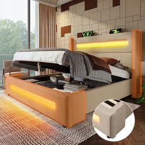 Kárpitozott ágy Kétszemélyes ágy 180x200 Led Usb Type-C Hidraulikus Bézs