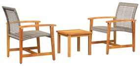 3 részes szürke polyrattan és akácfa bisztrószett