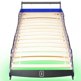 kék versenyautó alakú LED-es gyerekágy 90 x 200 cm
