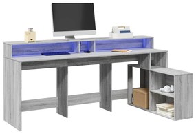 szürke sonoma színű szerelt fa LED-es íróasztal 200x104x91 cm