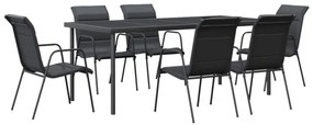 7 részes fekete acél és textilén kerti étkezőgarnitúra