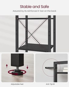 6 szintes könyvespolc, állópolc, fém kerettel, fekete