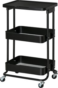 HOMCOM 3-Tier Konyhai Kocsi Kerekekkel Tároló Trolley Fékezhető Fürdőszobába, Nappaliba, Hálószobába, Irodába 46x34.5x76.5 cm Fekete | Aosom