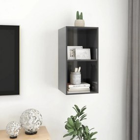 magasfényű szürke szerelt fa fali TV-szekrény 37 x 37 x 72 cm