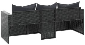Fekete 3 személyes polyrattan kerti kanapé párnákkal