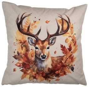 Őszi párnahuzat 45x45 cm szarvas falevélkoszorúban