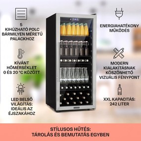 Klarstein Beersafe 7XL, hűtőszekrény, 242 liter, 5 polc, panoráma üvegajtó, rozsdamentes acél