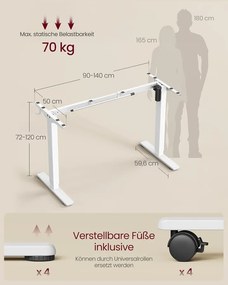 Elektromos Magasságban Állítható Asztalkeret, 59,6 x (90–140) x (72–120) cm, fehér