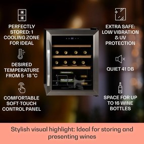 Klarstein Vinamour 16 Uno, borhűtő, 42 liter, 16 palack, 5-18°C, 41 dB, üveg