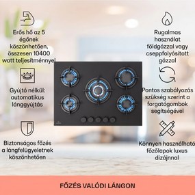 Klarstein Firetale, gázfőzőlap, 5 égő, 70 cm, alumínium égők, tömlővel és redukáló szeleppel