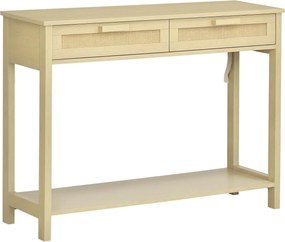 HOMCOM Konzol Asztal Előszoba Asztal 2 Fiókkal Rattan Felülettel és Alsó Polccal Előszobába, Nappaliba vagy Hálószobába Rusztikus Stílusban 100x30x76