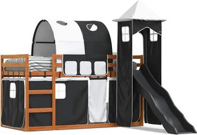 vidaXL fehér-fekete emeletes ágy csúszdával és függönnyel 90 x 200 cm