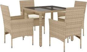 vidaXL 5 részes bézs polyrattan/üveg kerti étkezőgarnitúra párnákkal