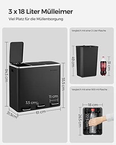 Szelektív szemeteskuka 3x18L, fekete
