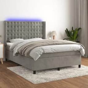 világosszürke bársony rugós és LED-es ágy matraccal 140x200 cm