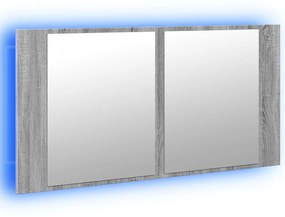 szürke sonoma akril LED-es tükrös fürdőszobaszekrény 90x12x45cm