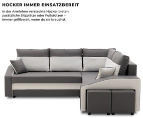 Grande sarokkanapé polcokkal és puffokkal , polc a bal karfaban puffok a jobb karfaban, jobboldali, szövet anyag, bonell töltet, szürke - fehér