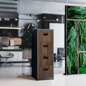 Fém irattartó szekrény, 4 fiókos SARA V4, 460 x 1320 x 620 mm, Eco Design: antracit/ dió